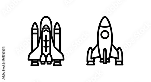 Rocket and space shuttle icons: representing spaceflight, launch, and astronaut missions in line art style