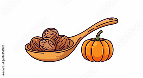 Wooden spoon with nuts next to a small orange pumpkin