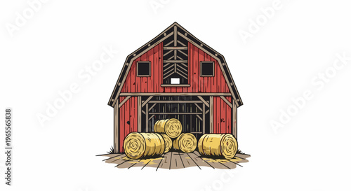 Rustic red barn with hay bales on wooden planks