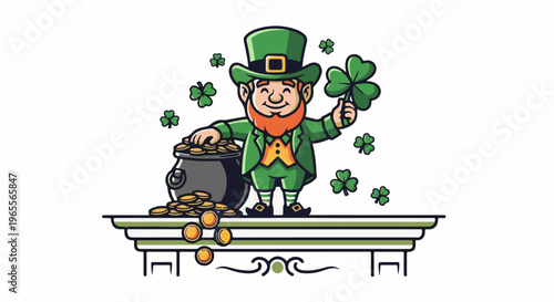 Cheerful leprechaun with pot of gold and shamrocks on a ledge