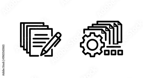 Batch editing and processing outline icons representing automated document workflow and data management tasks