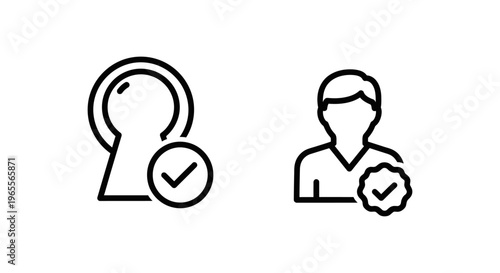 Access and admin approval outline icons with checkmarks for user verification and secure system authorization on white background