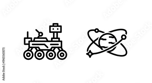 Mars rover and atomic structure outline icons representing space exploration, scientific research, and planetary discovery