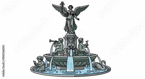 Stone fountain with angelic figure, cherubs, and a swan, water flows