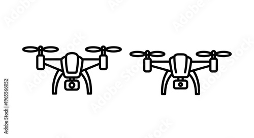 Simple line art illustrations of two modern camera drones or quadcopters, symbolizing aerial photography, delivery, surveillance, and future technology concepts