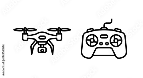 Black outline vector icons depicting a modern camera drone and its remote controller, representing aerial photography, smart technology, and unmanned flight systems