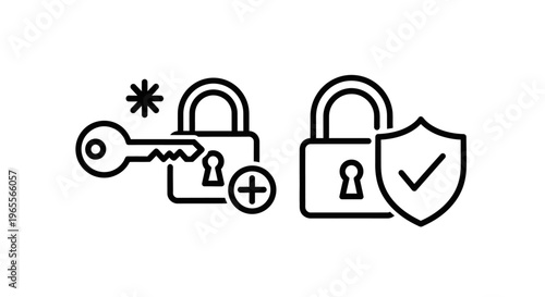 Secure lock and key with shield icon set: digital security, password protection, and data access control symbols for web and app interfaces