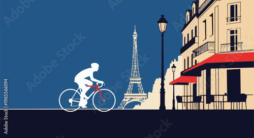 Stylized cyclist rides past iconic Paris landmarks and cafe