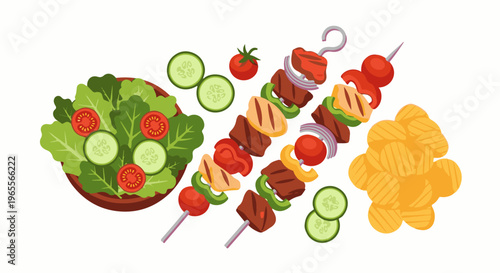 Delicious grilled skewers with fresh salad and crunchy potato chips
