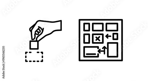 Drag and drop functionality and layout editor outline icons for web design, user interface, and content management
