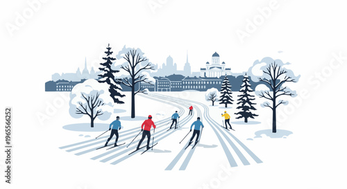 Stylized winter scene with skiers and city skyline in the background