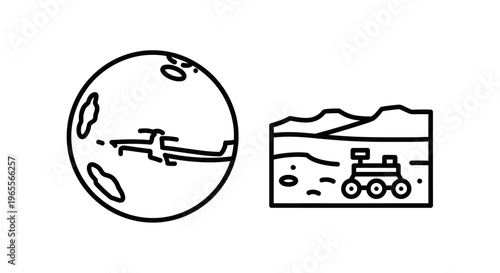 Planet mars and rover exploration outline icons for space science, astronomy, and cosmic discovery