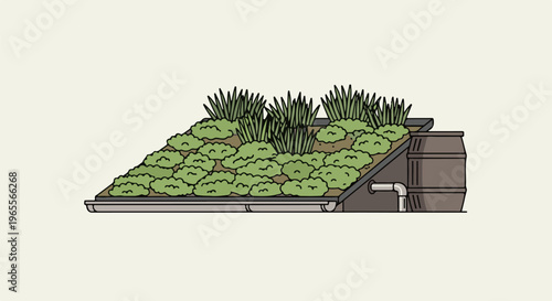 Diagram of a sloped green roof with vegetation, drainage, and water collection