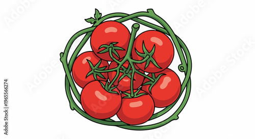 A cluster of ripe red tomatoes on a vine, surrounded by green stems
