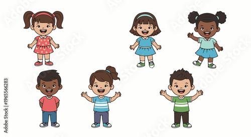 Diverse cartoon children standing and smiling with open arms