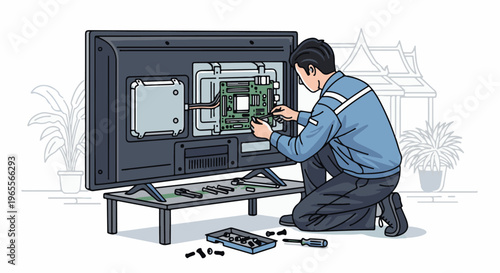 Technician repairs internal components of a television while kneeling
