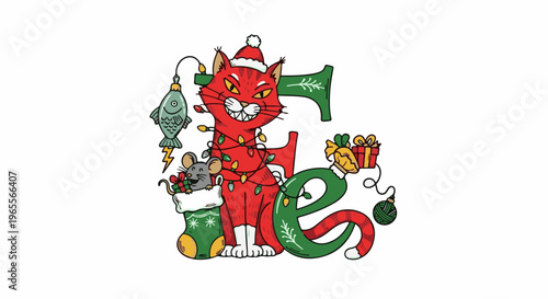 Whimsical Christmas cat with festive lights, presents, and a mouse in a stocking