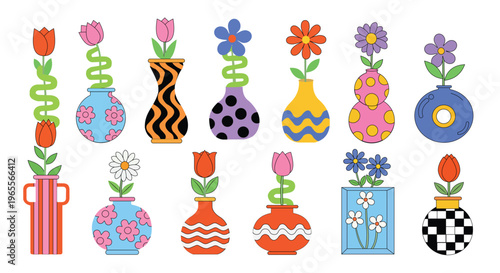 Colorful illustration of various flower vases with different patterns and designs