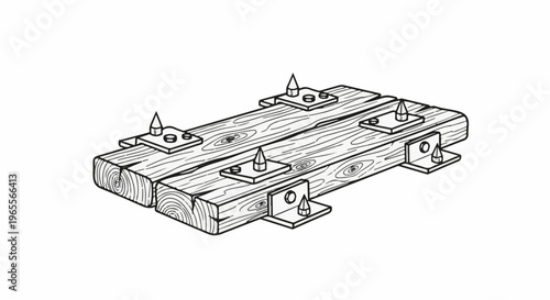 Stylized drawing of a wooden structure with metal spikes