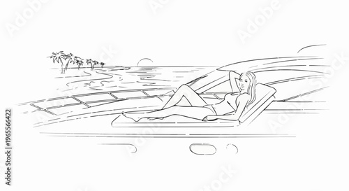 Woman sunbathing on a yacht deck with tropical beach in background