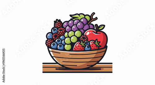 A colorful assortment of fresh fruits overflows from a wooden bowl