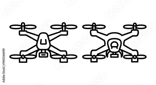 Two line art quadcopter drone icons in a pack: aerial technology, remote control, and unmanned aircraft system symbols for digital design elements