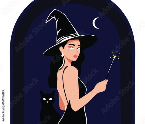 A cartoon illustration of a witch with a black cat and a magic wand under a crescent moon