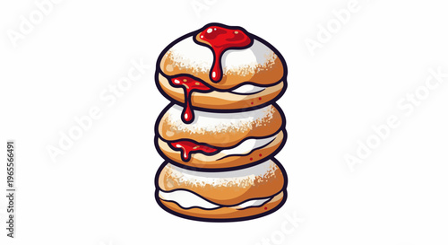 Stack of three jam-filled doughnuts dusted with powdered sugar