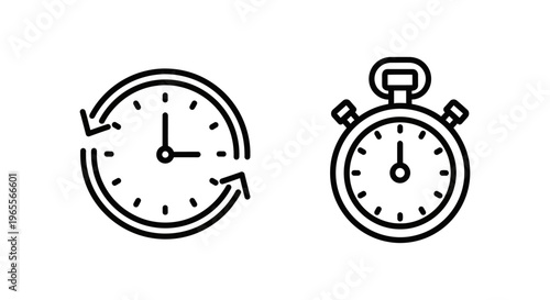 Linear outline icons of a clock with circular arrows representing playlist duration and a professional stopwatch representing total time, isolated on white background for user interface design