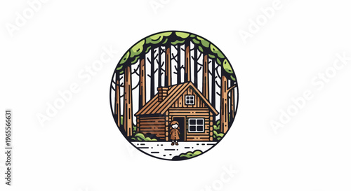 Small wooden cabin nestled deep within a dense, circular forest scene
