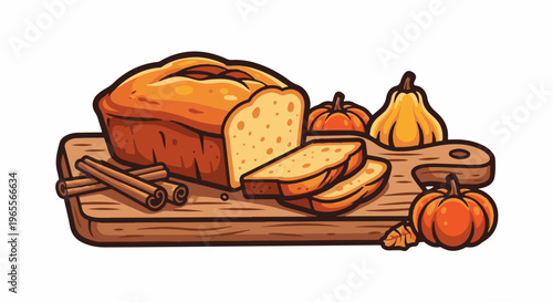 Sliced loaf and pumpkins on cutting board with cinnamon sticks