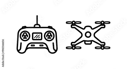 Professional drone remote controller with screen and quadcopter top view line icons for aerial photography cinematography and unmanned aircraft system management concepts on white background