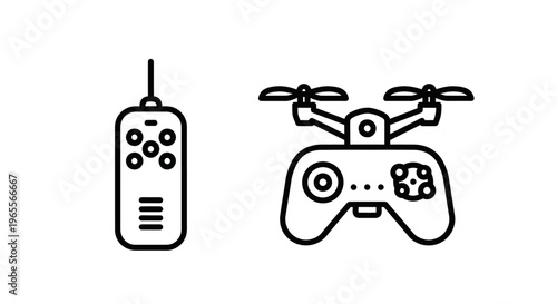 Remote control and quadcopter drone line icons representing unmanned aerial vehicle technology and radio controlled aviation hobby equipment for modern delivery and surveillance systems design