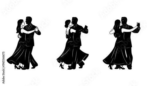 Minimal elegant dancing couple silhouette romantic ballroom tango black and white vector illustration
