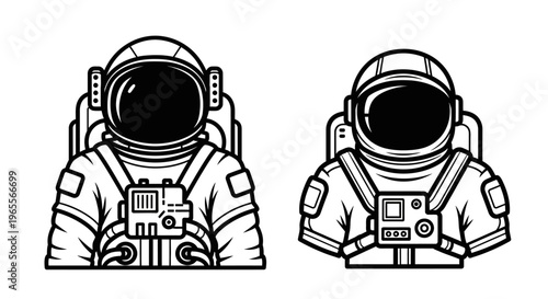 Black and white line art illustration of two astronauts in space suits with helmets, hand drawn comic style vector graphic of cosmonauts for sci-fi exploration and galaxy missions