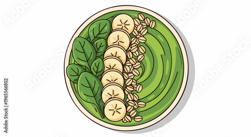 Healthy green smoothie bowl with banana slices and oats