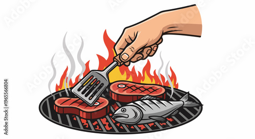 Hand grilling steaks and fish over open flames on a barbecue