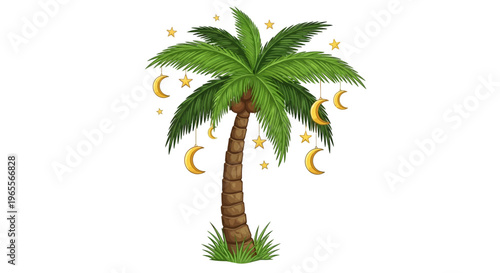 Festive Ramadan Palm Tree with Golden Crescent Moons and Stars Illustration