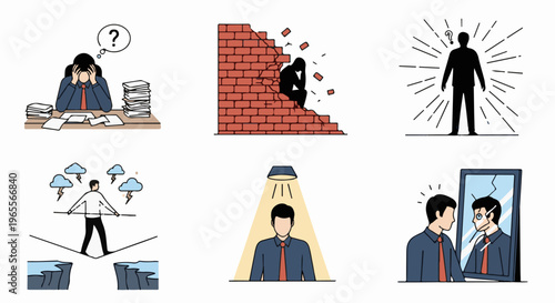 Six illustrations depicting stress, challenges, and self-reflection