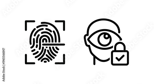 Biometric security icons: fingerprint and eye scan line art vector symbols for digital authentication, data privacy, and secure access systems