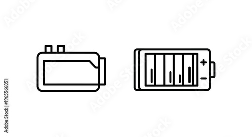 Line icons for drone battery and external battery pack on white background showcasing portable power sources and energy modules for consumer electronics and professional flight equipment parts
