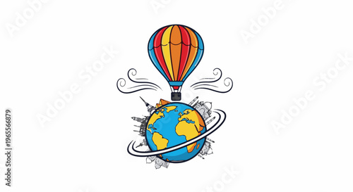 Hot air balloon over globe with iconic landmarks, travel concept