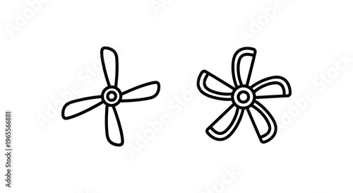 Line icons of drone propellers and fan blades isolated on white background depicting rotating flight components and thrust mechanisms for unmanned aerial vehicles and remote control aircraft parts