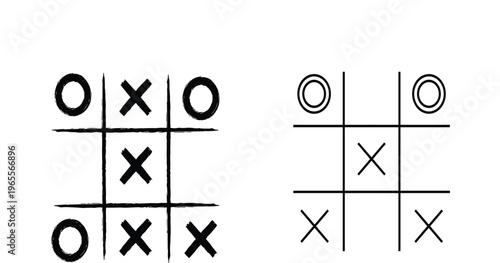 Tic Tac Toe Hand Drawn Game Boards with X and O Symbols Sketch Style Vector Illustration Set for Strategy Game Design