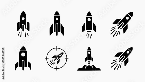 Black rocket icon set with launch takeoff landing and space travel symbols in flat silhouette style isolated on white background for startup aerospace technology and interface design