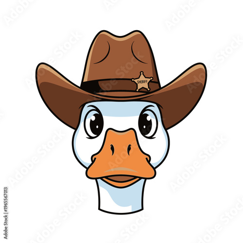 Funny cartoon duck sheriff wearing a cowboy hat with a badge, isolated on white background