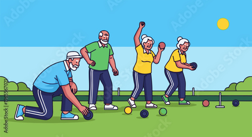 Elderly people playing a lawn bowling game outdoors on a sunny day