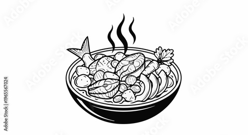 A steaming bowl filled with fish steaks, potatoes, and herbs