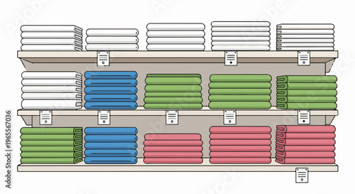 Neatly folded stacks of white, blue, green, and pink towels on store shelves