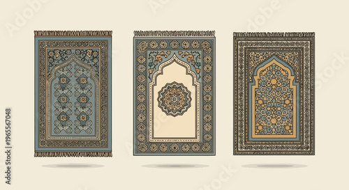 Set of Three Traditional Islamic Prayer Rugs with Ornate Mihrab Patterns for Ramadan and Eid Decor